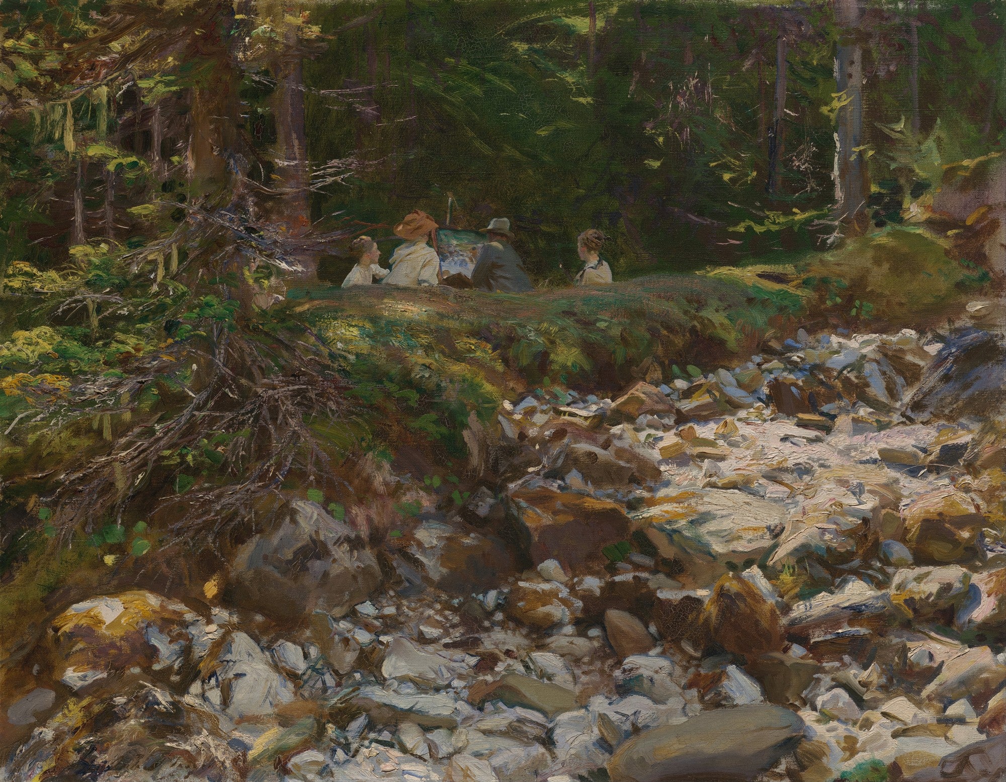 Pintura de John Singer Sargent retratando artistas esboçando em uma floresta exuberante com um riacho rochoso em primeiro plano, sob a luz do sol.