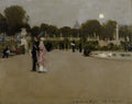 Pintura a óleo de John Singer Sargent mostrando um jardim sob o luar com figuras elegantemente vestidas em tons escuros e um casal em destaque, a mulher usando um vestido rosa.