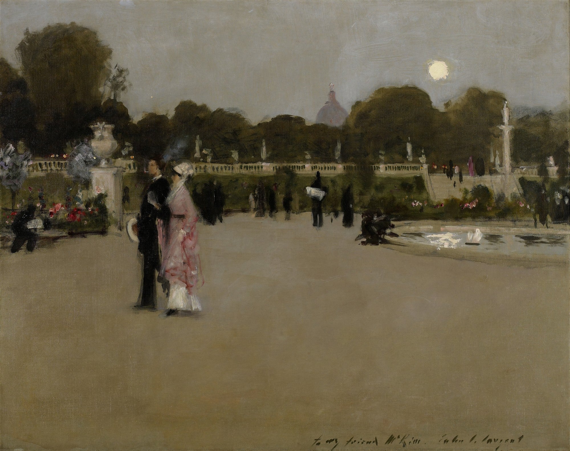 Pintura a óleo de John Singer Sargent mostrando um jardim sob o luar com figuras elegantemente vestidas em tons escuros e um casal em destaque, a mulher usando um vestido rosa.