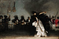 Quadro decorativo "El Jaleo" de John Singer Sargent, representando uma dançarina de flamenco em movimento com músicos ao fundo, em um ambiente escuro e dramático.