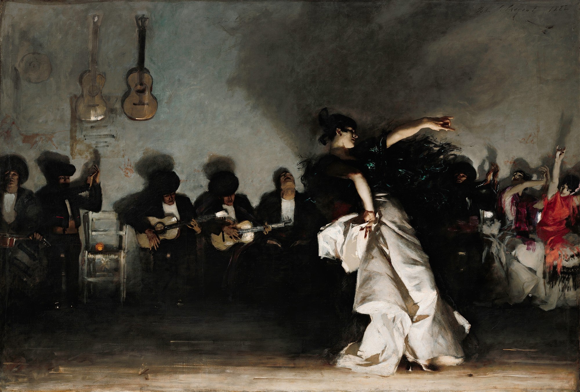 Quadro decorativo "El Jaleo" de John Singer Sargent, representando uma dançarina de flamenco em movimento com músicos ao fundo, em um ambiente escuro e dramático.