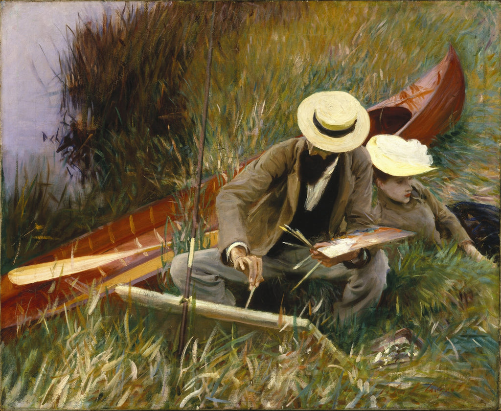 Pintura a óleo de John Singer Sargent, 'Dois Barcos (No Rio)', mostrando um homem pintando e uma mulher sentada em meio a vegetação densa à beira de um rio com dois barcos de madeira.