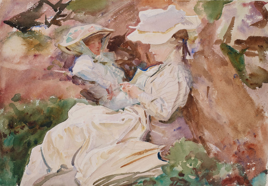Aquarela de John Singer Sargent, Duas Mulheres com Chapéu, com pinceladas suaves e cores terrosas e verdes, sob uma árvore.