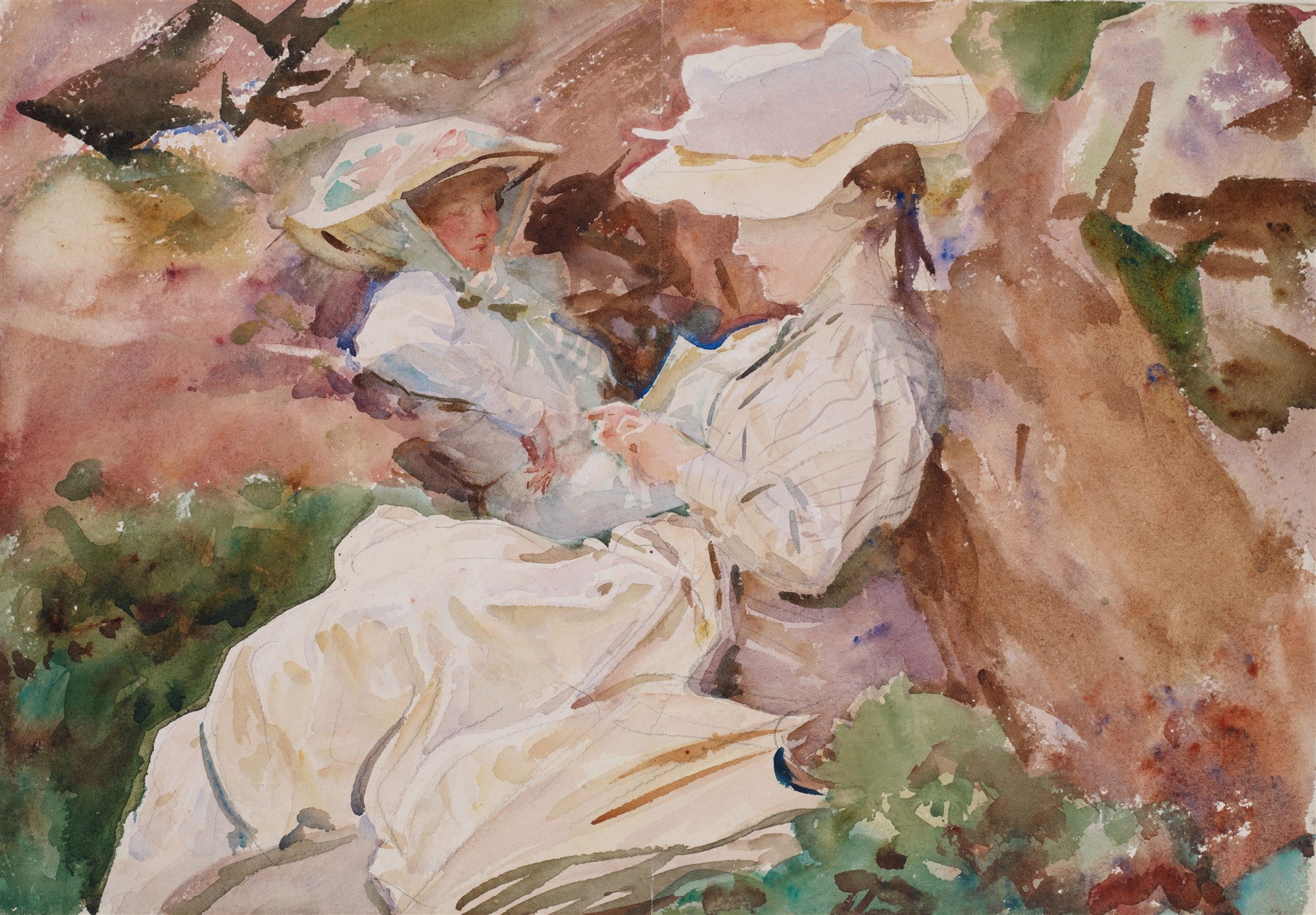 Aquarela de John Singer Sargent, Duas Mulheres com Chapéu, com pinceladas suaves e cores terrosas e verdes, sob uma árvore.