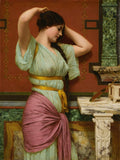 Quadro decorativo com pintura de uma mulher jovem, de perfil, com vestes clássicas, penteando o cabelo. Fundo em tons de vermelho e detalhes em mármore.