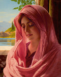 Mulher em contemplação, envolta em um véu rosa, com paisagem mediterrânea ao fundo, pintada por John William Godward.