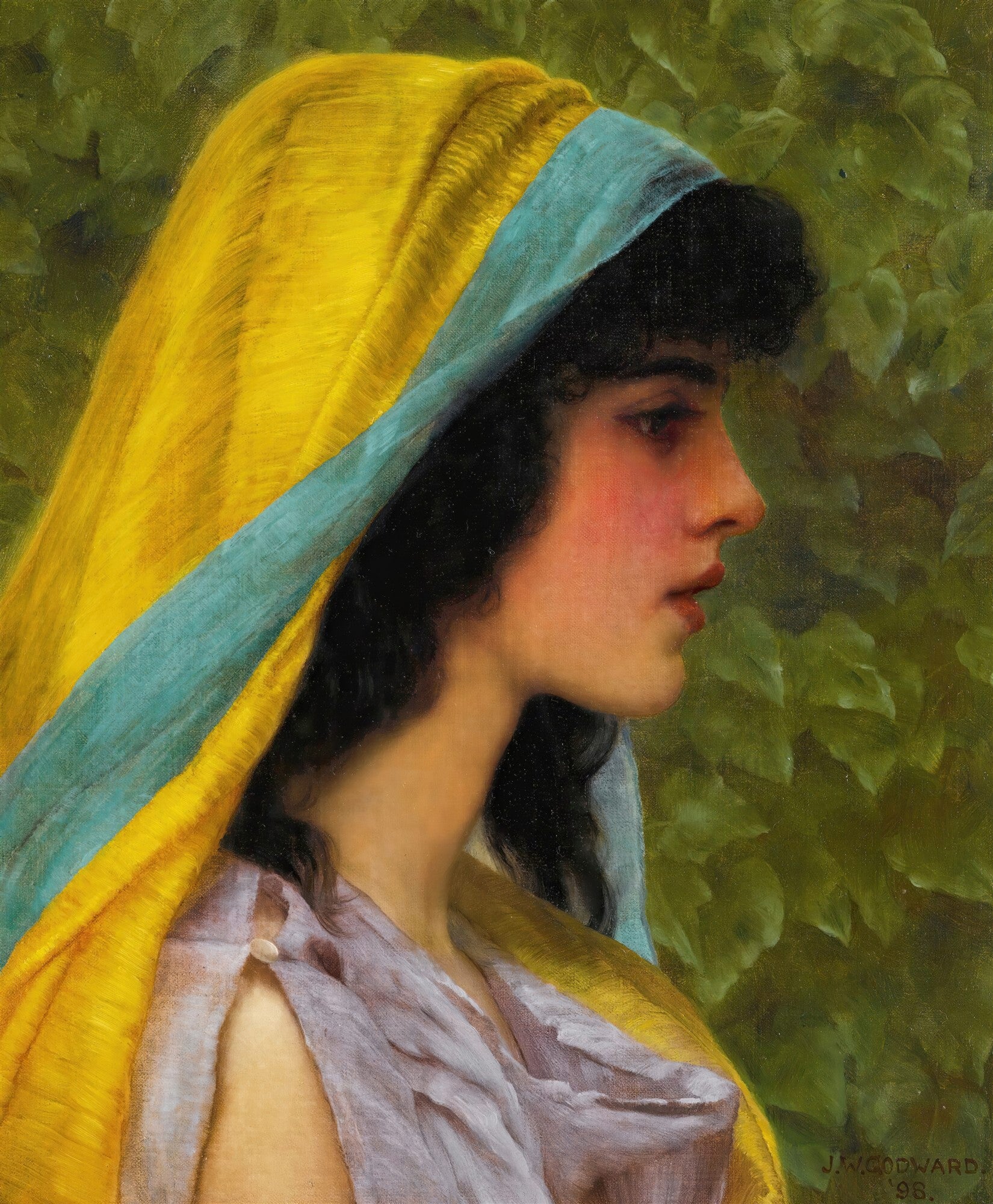 Retrato de perfil de uma jovem com manto amarelo e azul, de John William Godward, fundo verde