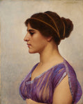 Retrato em perfil de uma mulher grega, com cabelo preso e vestindo uma túnica roxa, pintada por John William Godward.
