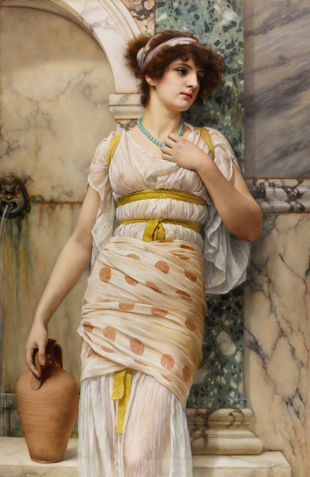 Quadro decorativo mostrando uma mulher jovem de perfil, com vestes gregas antigas, em frente a uma fonte de mármore, segurando um vaso de barro. Obra de John William Godward.