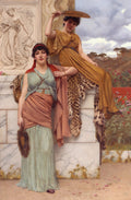 Duas mulheres em trajes clássicos, uma em pé e outra sentada em um banco de mármore com pele de leopardo, em um cenário de jardim romano. A obra é de John William Godward.