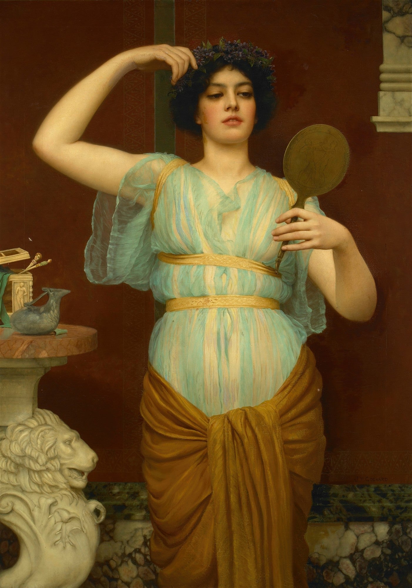 Mulher com coroa de flores e vestes clássicas olhando-se em um espelho, obra de John William Godward