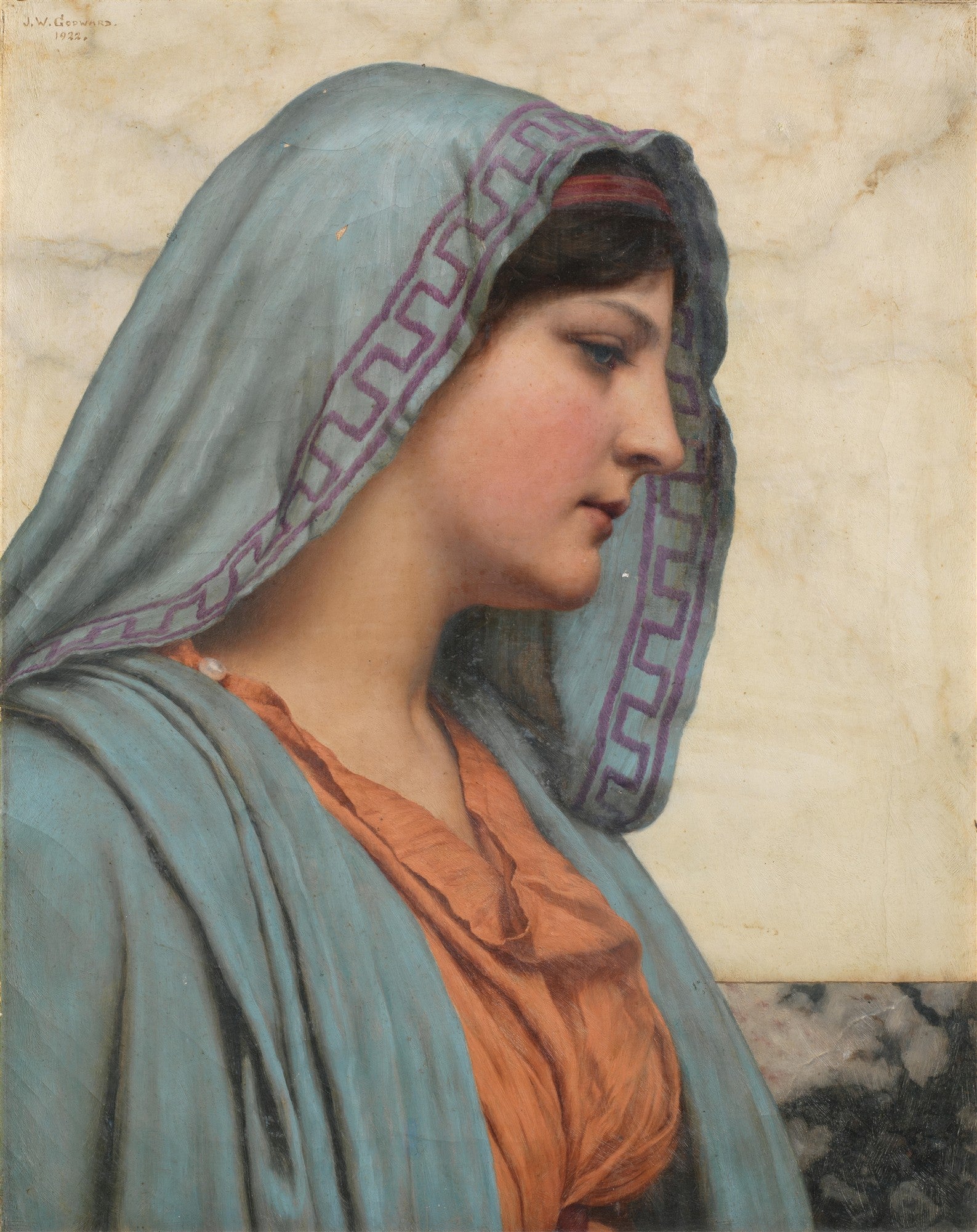 Retrato de perfil de uma jovem mulher com véu azul e túnica laranja, estilo clássico, obra de John William Godward, 1925.