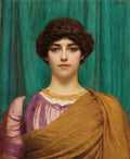 Retrato de uma jovem mulher grega com cabelo escuro, vestindo túnica roxa e manto dourado, contra um fundo verde esmeralda, por John William Godward.