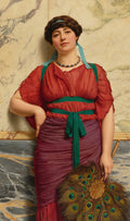 Retrato de uma jovem mulher romana com vestes vermelhas e roxas, segurando um leque de pavão, contra um fundo de mármore. Assinatura de John William Godward no canto inferior esquerdo.