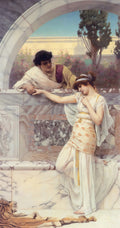 Casal romano em cena romântica em jardim, com homem apoiado em arco e mulher inclinada, ambos de mãos dadas. Obra de John William Godward.