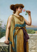 Quadro decorativo com uma mulher em vestes clássicas douradas, segurando uma rosa rosa perto do rosto, com paisagem mediterrânea ao fundo. Obra de John William Godward.