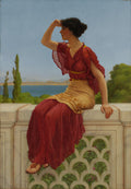 Mulher em vestido vermelho sentada em parapeito de mármore olhando para o mar, em obra de John William Godward, A Espera.