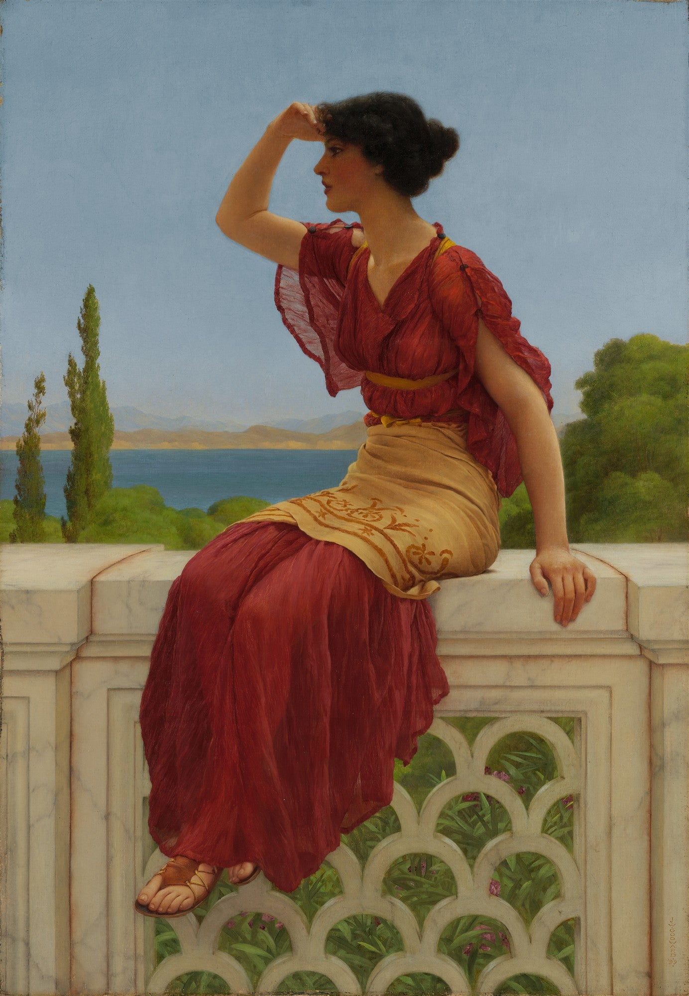 Mulher em vestido vermelho sentada em parapeito de mármore olhando para o mar, em obra de John William Godward, A Espera.