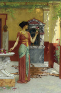 Quadro decorativo com uma mulher de vestes clássicas, segurando uma rosa em um pátio romano ensolarado, com elementos arquitetônicos e um tapete de pele de tigre no chão. Obra de John William Godward.