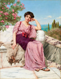 Quadro decorativo de John William Godward, mostrando uma jovem mulher sentada em um banco de mármore com vista para o mar e flores cor-de-rosa, em estilo neoclássico. A mulher veste um vestido rosa e roxo, com sandálias, e tem um olhar pensativo.