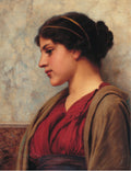 Retrato de perfil de uma jovem grega com vestido vermelho e manto marrom, cabelos escuros presos, contra um fundo pálido azulado. Atribuído a John William Godward.