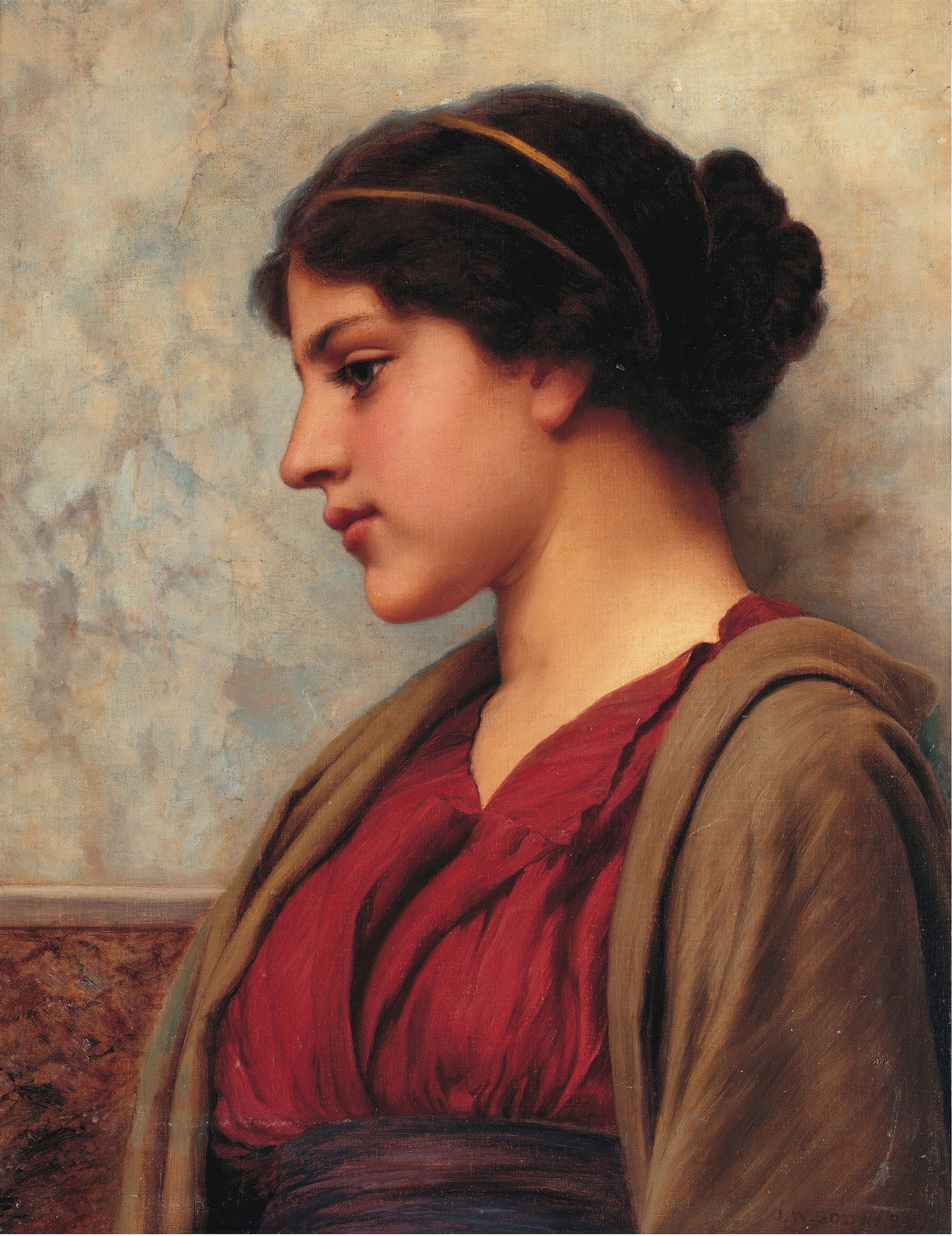 Retrato de perfil de uma jovem grega com vestido vermelho e manto marrom, cabelos escuros presos, contra um fundo pálido azulado. Atribuído a John William Godward.