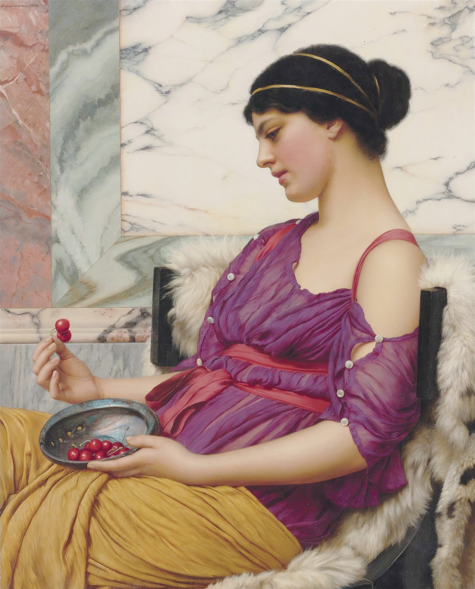 Quadro decorativo com pintura de John William Godward, mostrando uma mulher em trajes clássicos sentada com um cesto de cerejas.