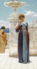 Quadro decorativo 'A Semente da Dúvida' de John William Godward. Uma mulher em vestes clássicas pondera, enquanto um homem se afasta em um cenário de mármore e mar.