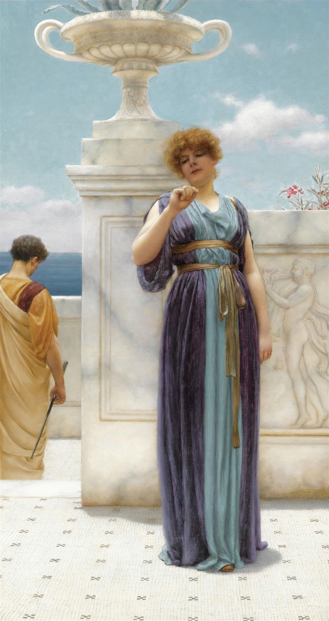 Quadro decorativo 'A Semente da Dúvida' de John William Godward. Uma mulher em vestes clássicas pondera, enquanto um homem se afasta em um cenário de mármore e mar.