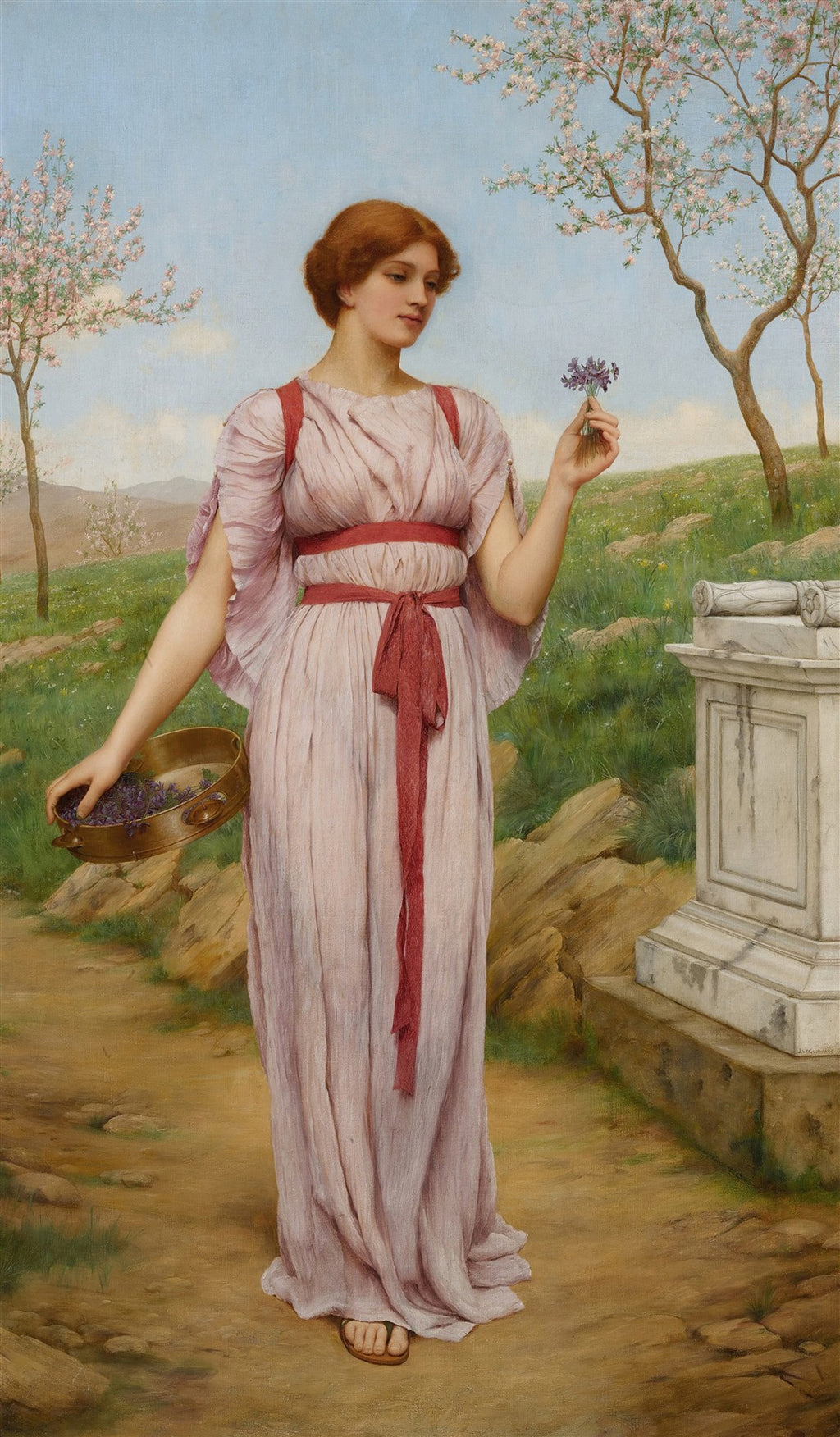 Mulher jovem com vestido clássico rosa claro, segurando flores roxas e uma cesta, em um cenário de primavera com árvores floridas e um altar.