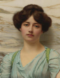 Retrato de uma jovem mulher de cabelos escuros e olhos azuis, vestindo um drapeado azul-claro, com um fundo de mármore. A pintura é de John William Godward.