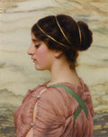 Retrato de perfil de uma jovem grega de beleza clássica, com vestes rosa e detalhes em verde, sobre fundo marmorizado, obra de John William Godward.