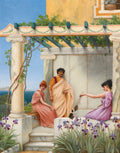 Quadro de John William Godward 'A Conversa', retratando três figuras em vestes clássicas em um terraço com vista para o mar, com flores e pilares de mármore.