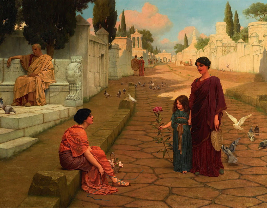 Pintura de John William Godward, 'A Day in Ancient Rome', mostrando figuras em vestes romanas, pombos e arquitetura clássica em uma rua pavimentada.