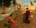 Pintura de John William Godward, 'A Day in Ancient Rome', mostrando figuras em vestes romanas, pombos e arquitetura clássica em uma rua pavimentada.