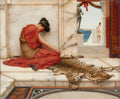 Mulher em vestes vermelhas, sentada em degraus de mármore com pele de leopardo ao lado, vista para o mar ao fundo. Obra de John William Godward.