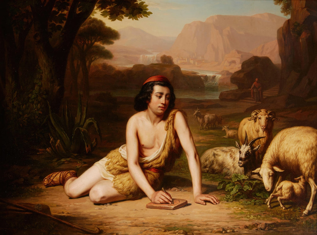 Quadro decorativo mostrando um jovem pastor sentado no chão, desenhando em uma tábua, rodeado por ovelhas e cabras, com uma paisagem montanhosa e cachoeiras ao fundo. A cena é campestre e serena, com uma iluminação suave.