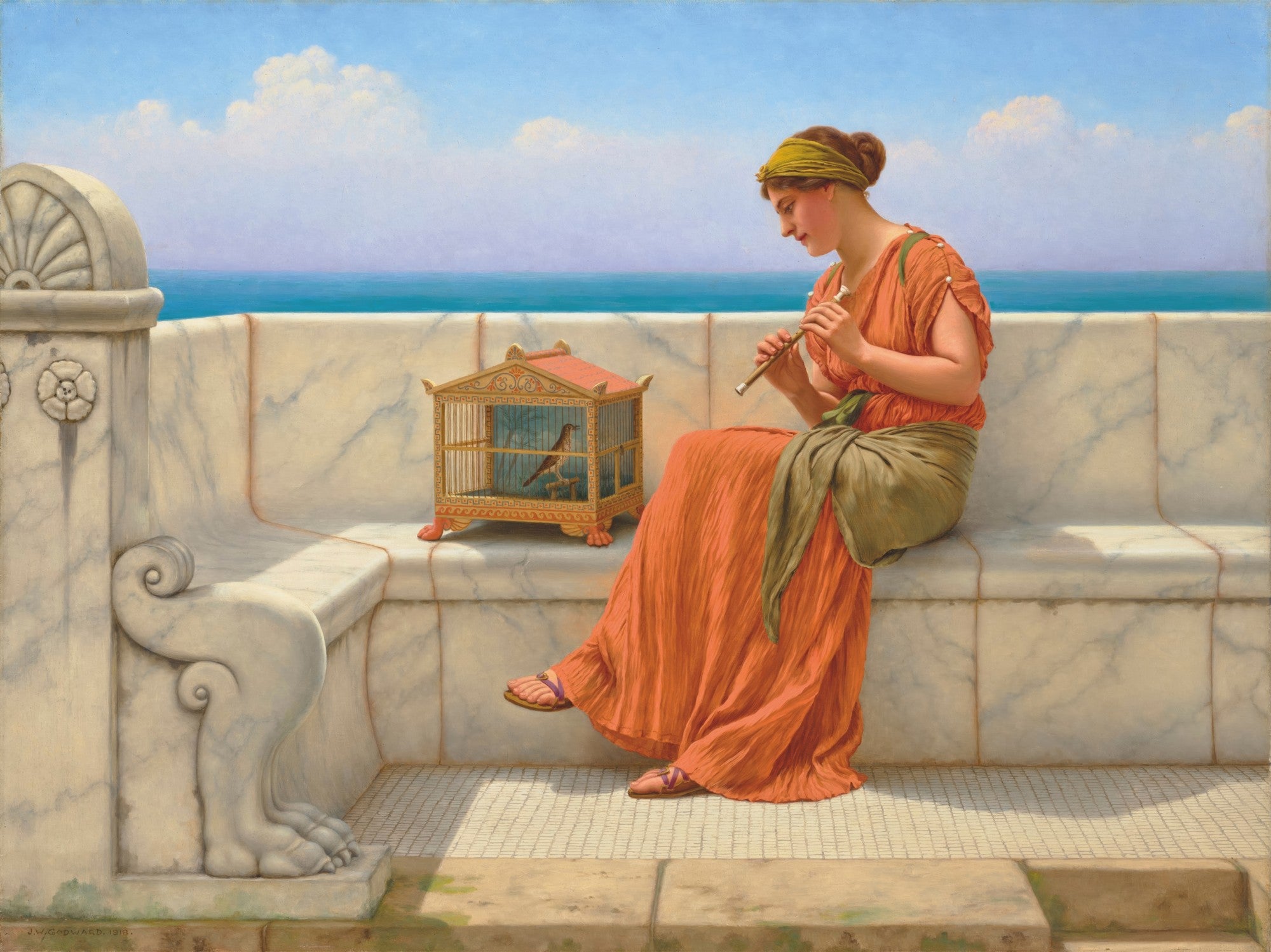 Uma mulher jovem com vestes laranja e verde, sentada em um banco de mármore branco, toca uma flauta para um pássaro em uma gaiola dourada. Ao fundo, o mar azul e o céu claro. A obra é de John William Godward.