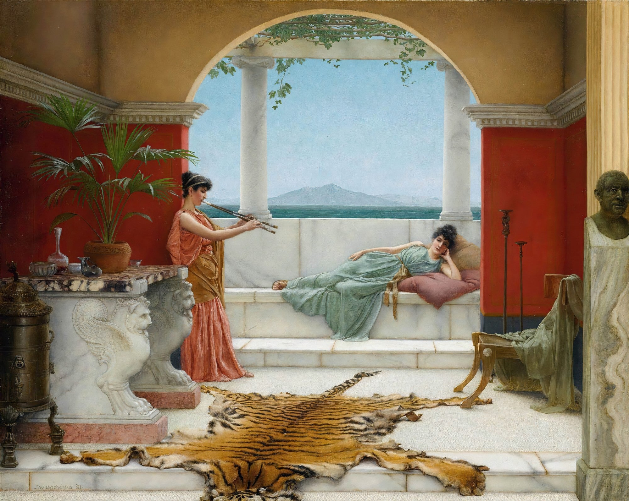 Quadro decorativo com duas mulheres em um terraço romano, uma tocando flauta e outra deitada, com o Vesúvio ao fundo. Predominam tons de ocre, vermelho e azul.