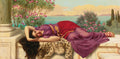 Mulher reclinada em vestes roxas e vermelhas sobre pele de leopardo, com pilares e folhagens rosas ao fundo e mar azul. Obra de John William Godward.