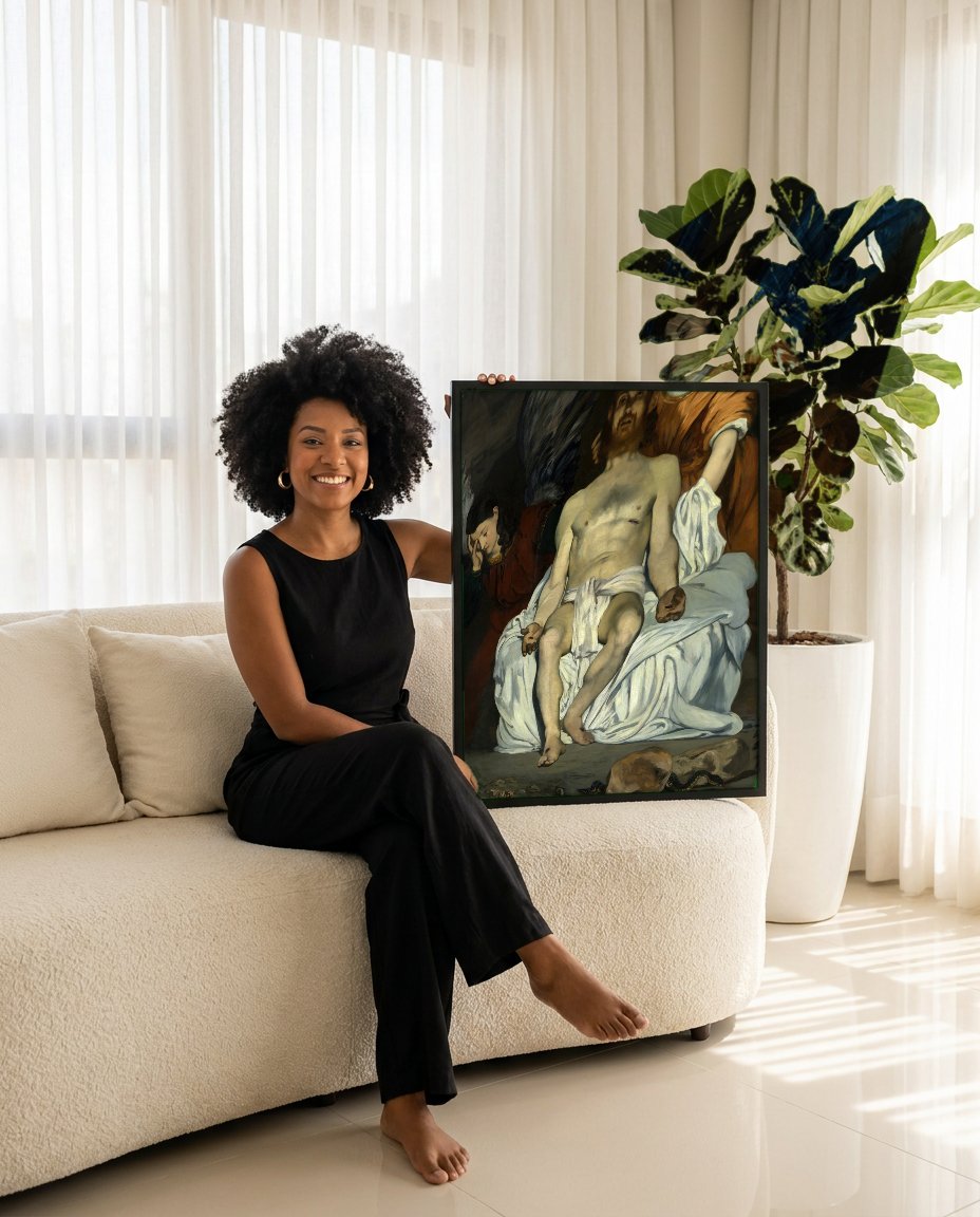 Quadro Decorativo Jesus Morto com Anjos - Manet com modelo em ambiente