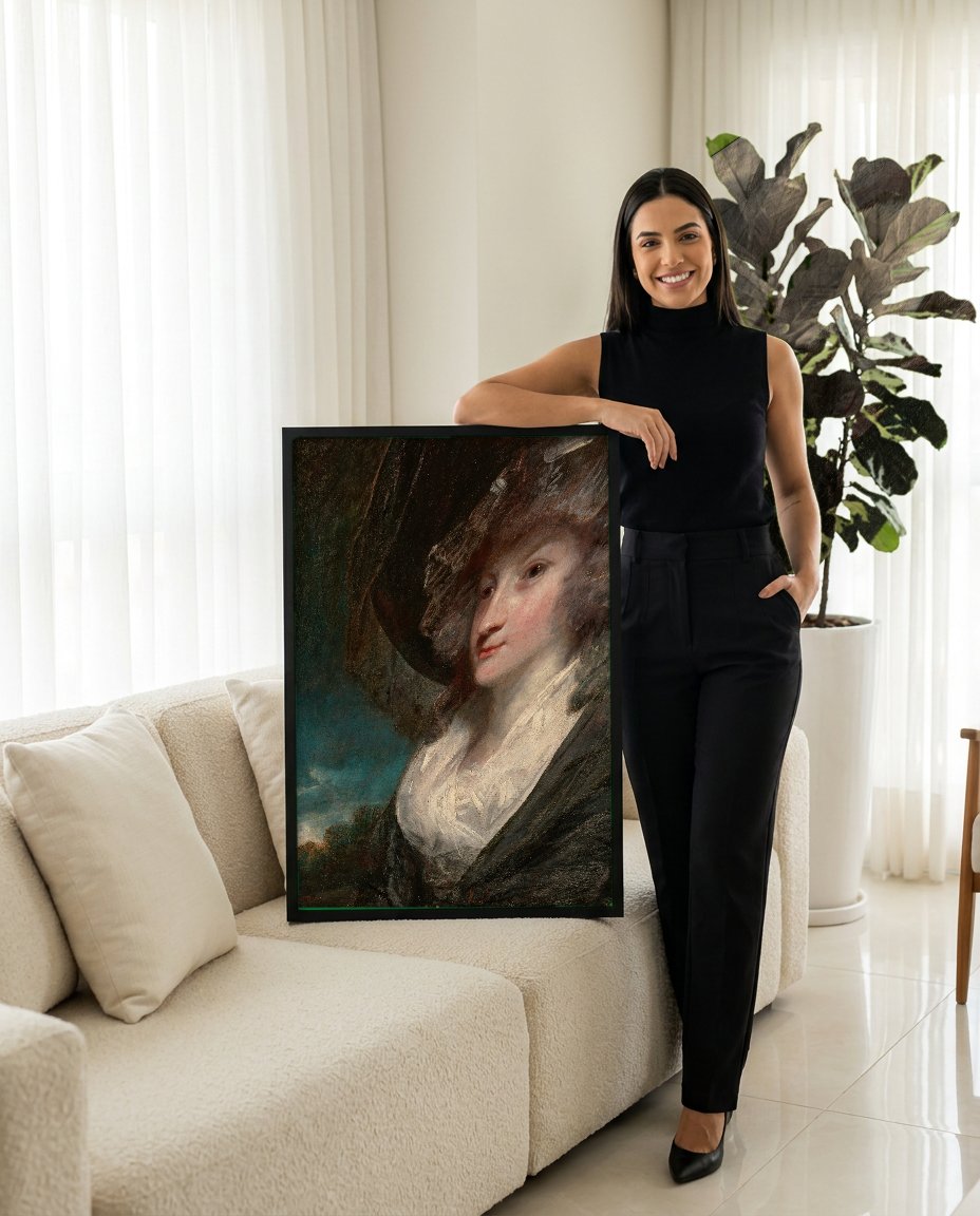Quadro Decorativo Senhora com Chapéu - Joshua Reynolds com modelo em ambiente