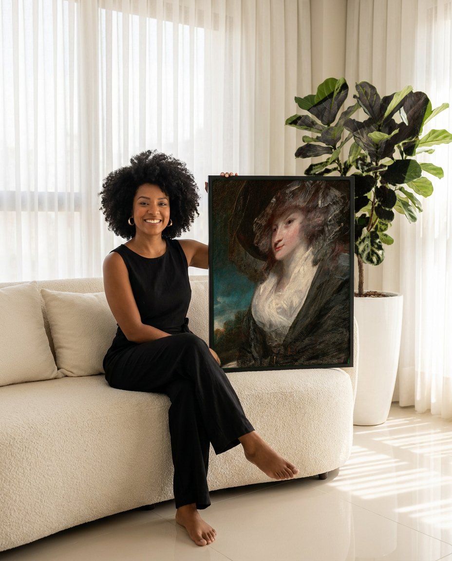 Quadro Decorativo Senhora com Chapéu - Joshua Reynolds com modelo em ambiente