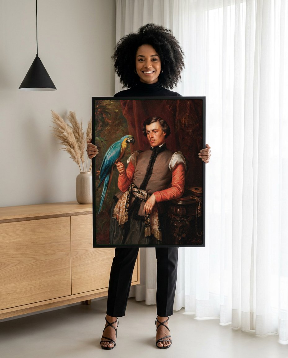 Quadro Decorativo Homem com Papagaio - Józef Simmler com modelo em ambiente