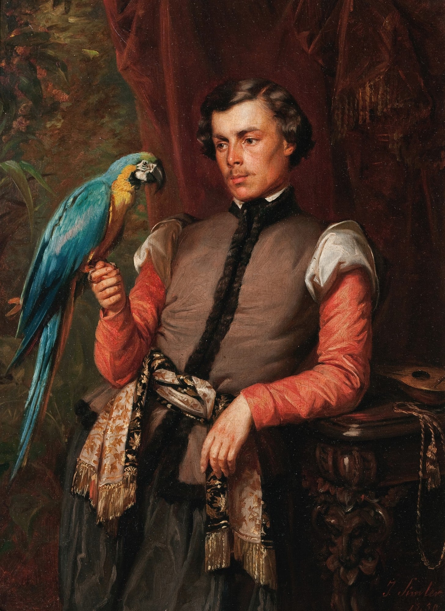 Retrato a óleo de um jovem com um papagaio-azul-e-amarelo pousado em sua mão esquerda. O homem veste roupas do século XIX e olha pensativo para o lado.