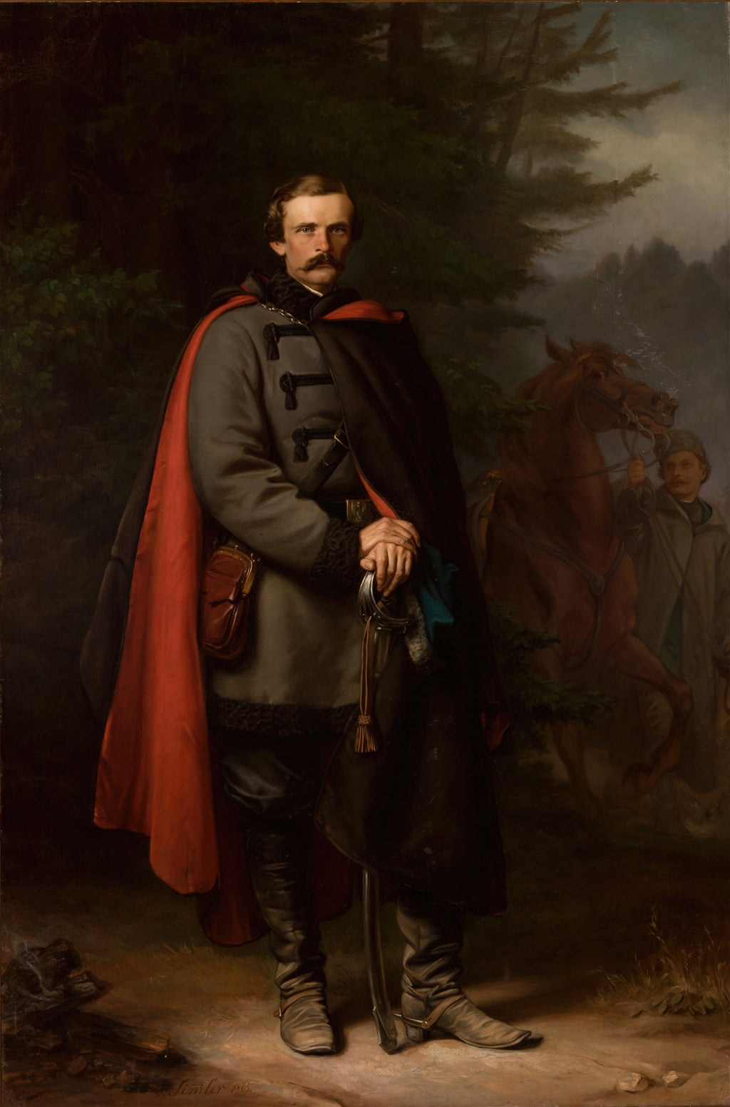 Retrato de um homem militar com bigode, em traje cinza e capa vermelha e preta, segurando uma espada, com um cavalo e um jovem ao fundo em uma paisagem florestal, obra de Józef Simmler.