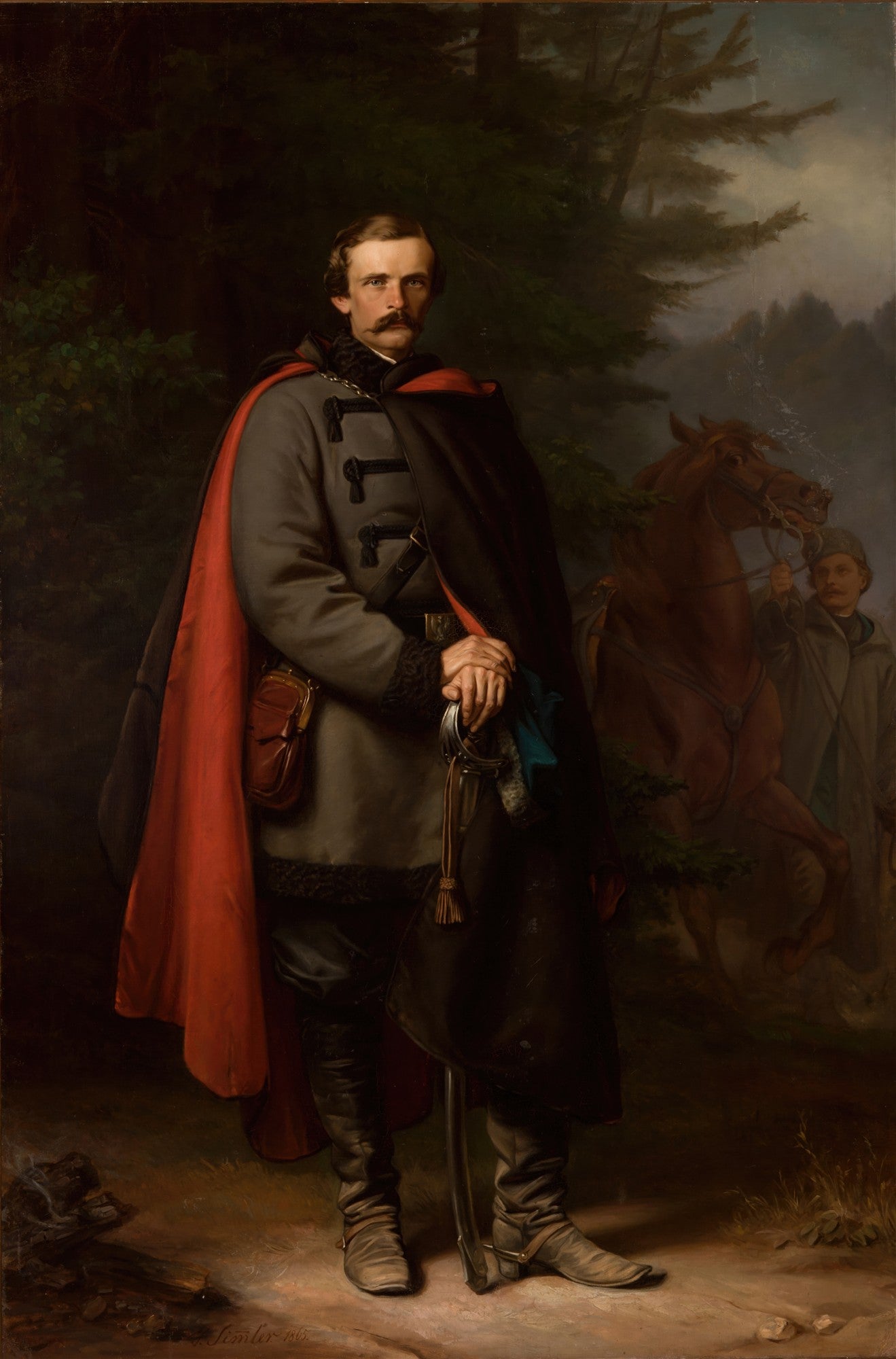 Retrato de um homem militar com bigode, em traje cinza e capa vermelha e preta, segurando uma espada, com um cavalo e um jovem ao fundo em uma paisagem florestal, obra de Józef Simmler.