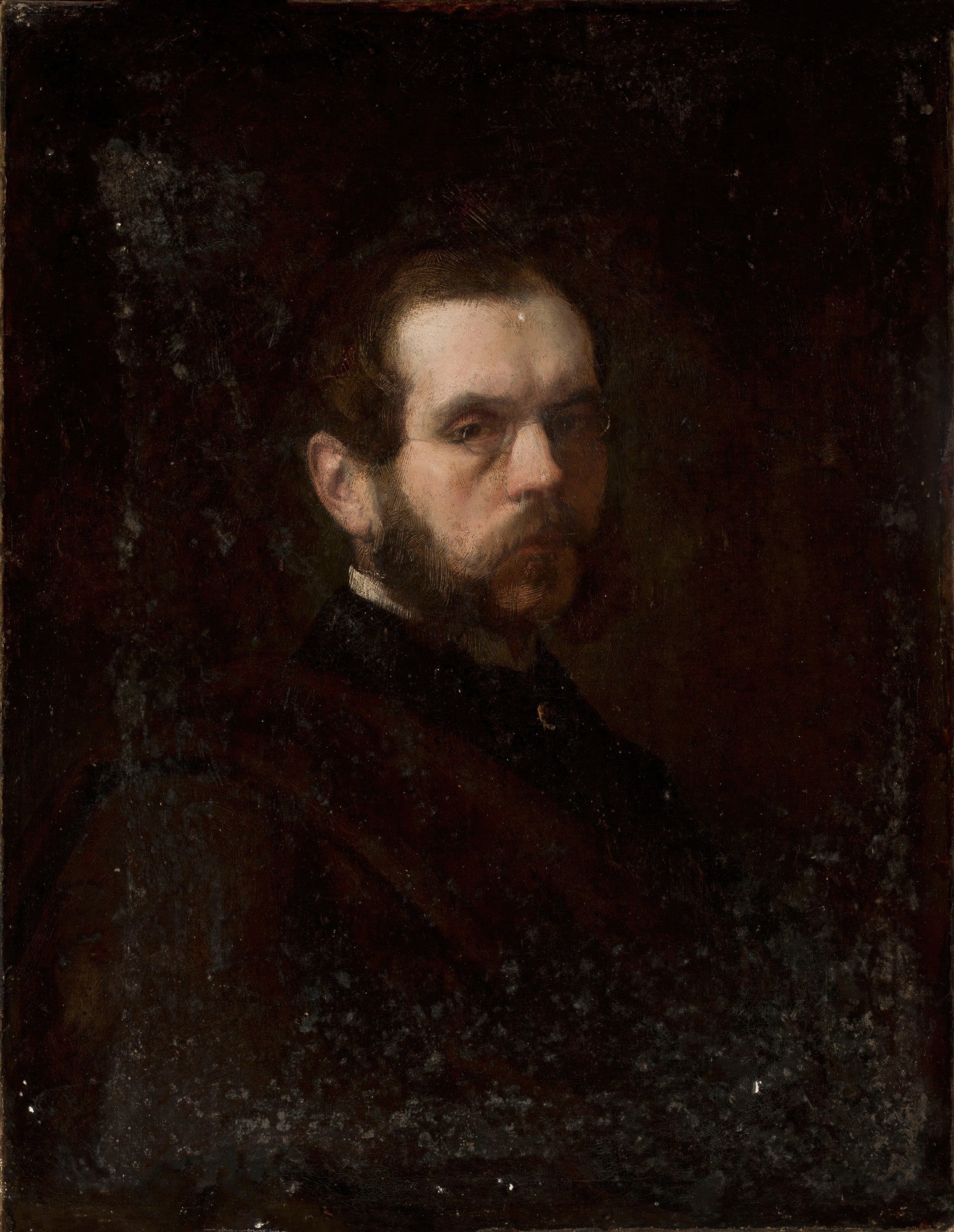 Retrato masculino com barba e óculos em fundo escuro, atribuído a Józef Simmler, em estilo realista do século XIX.