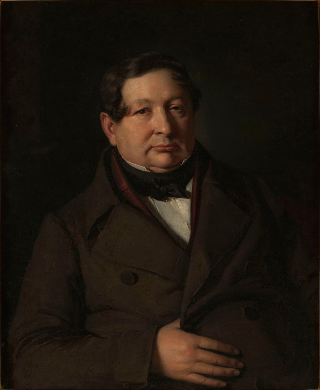 Retrato a óleo de um homem de meia-idade, com cabelos escuros e roupas formais do século XIX, em tons sóbrios. O fundo é escuro, criando um contraste dramático com o rosto iluminado do retratado.