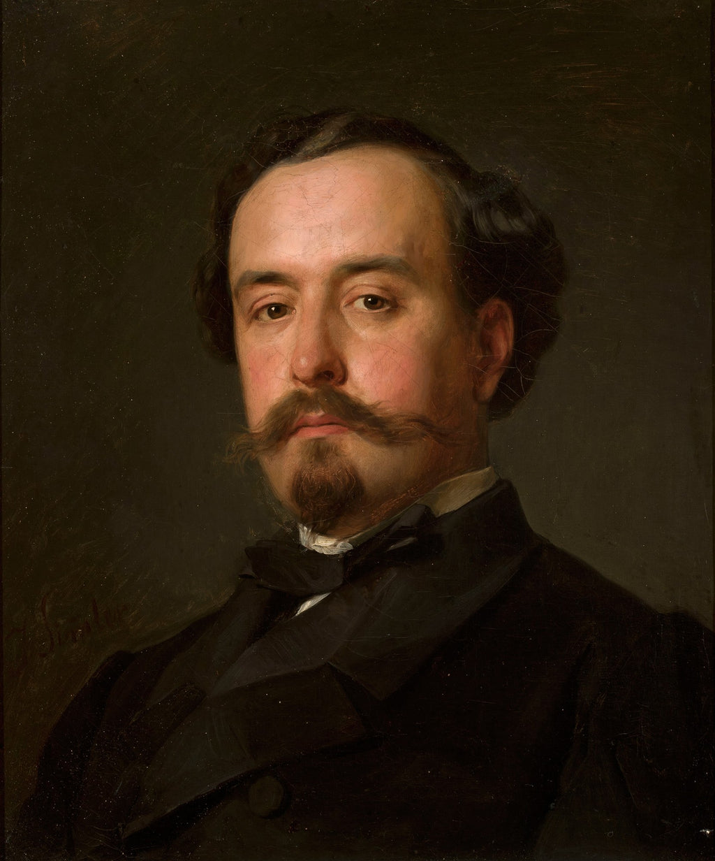 Retrato clássico de um homem com bigode e barba, vestindo terno escuro e laço, fundo escuro, atribuído a Józef Simmler.